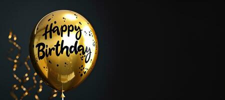 ai gerado generativo ai, dourado balão com parabéns, feliz aniversário, Preto fundo foto