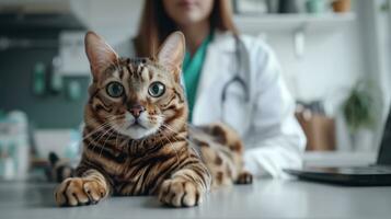 ai gerado generativo ai, fofa gato ser examinado de profissional veterinário dentro veterinario clínica foto