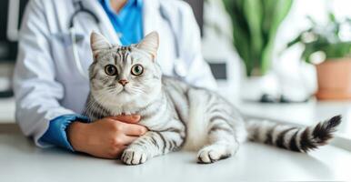 ai gerado generativo ai, fofa gato ser examinado de profissional veterinário dentro veterinario clínica foto