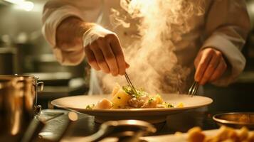 ai gerado generativo ai, chefe de cozinha é cozinhando com vapor quente frigideira, ocupado restaurante cozinha foto