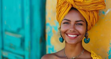 ai gerado uma mulher vestindo uma ouro turbante sorridente foto