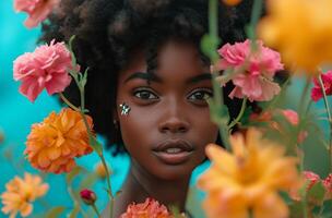 ai gerado uma mulher tem uma ramalhete do flores foto