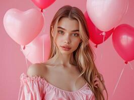 ai gerado uma jovem mulher segurando coração em forma balões dentro uma Rosa fundo foto