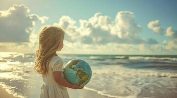 ai gerado uma menina segurando uma globo dentro dela mão em uma de praia foto