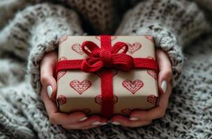 ai gerado mulheres mãos segurando uma presente caixa com corações logotipo com vermelho arco foto