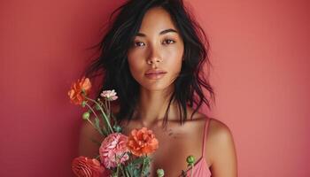 ai gerado uma bonita mulher dentro Rosa em pé com flores contra uma Rosa fundo foto