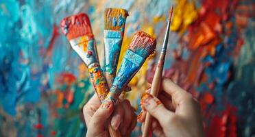 ai gerado uma pessoas mãos estão segurando pintura escovas com cores em eles foto