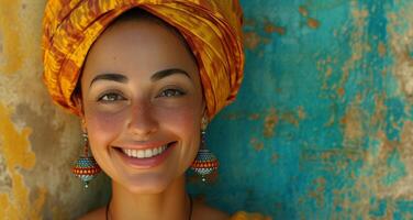 ai gerado uma feliz mulher sorridente dentro uma colorida turbante perto colorida parede foto