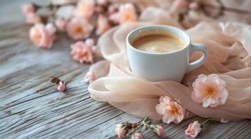 ai gerado uma copo do café é sentado em uma de madeira superfície com flores por aí isto foto