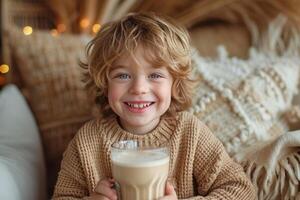 ai gerado uma pequeno Garoto sorridente com uma café dentro uma vidro foto