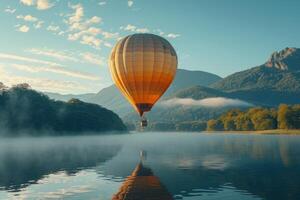 ai gerado uma quente ar balão flutuando sobre uma lago, foto