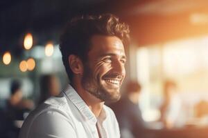 ai gerado uma feliz sorridente profissional homem, luz embaçado escritório fundo, fechar-se Visão foto