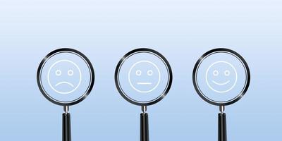 lupa com um rosto de símbolo de emoção. uma cara feliz é usada para indicar avaliação do serviço, classificação, avaliação do cliente, contentamento e feedback no mundo dos negócios. foto