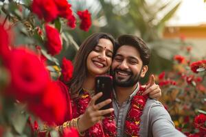 ai gerado alegre adorável casal levando selfie em dia dos namorados dia, feliz namorados dia conceito foto