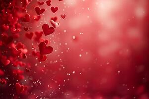 ai gerado borboletas em vermelho cor fundo cercado de romântico atmosfera do flutuando corações feliz namorados dia conceito foto