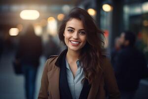 ai gerado uma feliz profissional mulher, luz embaçado fundo foto