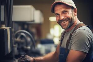 ai gerado uma feliz encanador homem e embaçado fundo, fechar-se foto