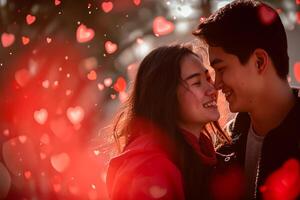 ai gerado indiano yung sorridente casal retrato ternamente cercado de romântico atmosfera do flutuando corações foto