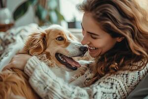 ai gerado feliz mulher jogando com dela cachorro em a sofá às casa foto