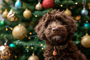 ai gerado fechar acima retrato do uma jovem Castanho labradoodle cachorro é orgulhosamente sentado dentro frente uma decorado Natal árvore foto