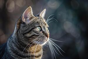 ai gerado uma fechar acima do uma gato com uma embaçado fundo foto