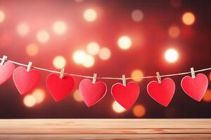 ai gerado feliz dia dos namorados dia, vermelho corações aguentar em de madeira roupas estacas em uma corda, com bokeh luzes dentro a fundo foto