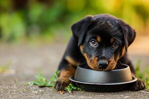 ai gerado rottweiler cachorro segurando uma tigela dentro dele boca foto