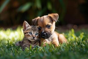 ai gerado feliz pequeno laranja havanese cachorro cachorro e gato estão sentado dentro a Relva foto