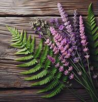 ai gerado grupo do lavanda em de madeira chão foto