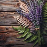 ai gerado grupo do lavanda em de madeira chão foto