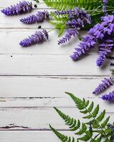 ai gerado lavanda flores em branco de madeira fundo foto