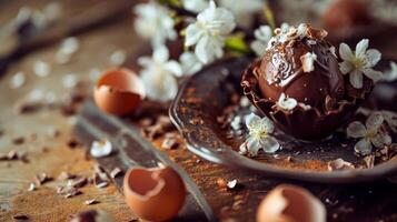 ai gerado uma chocolate ovo com flores e cascas de ovo em uma prato foto