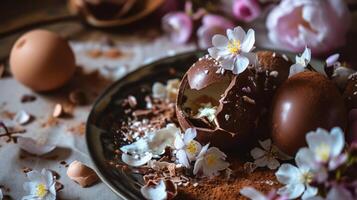 ai gerado uma chocolate ovo com flores e cascas de ovo em uma prato foto