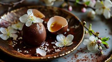 ai gerado uma chocolate ovo com flores e cascas de ovo em uma prato foto