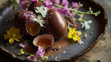 ai gerado uma chocolate ovo com flores e cascas de ovo em uma prato foto