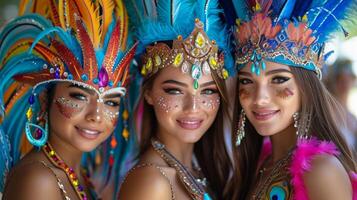 ai gerado retrato do três lindo mulheres dentro colorida cocar às carnaval foto