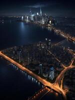 ai gerado uma moderno cidade Horizonte gradualmente girando fora Está luzes às noite foto