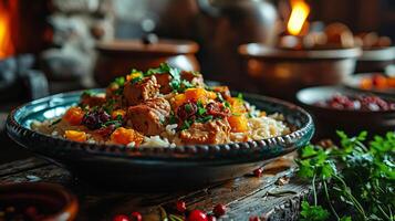 ai gerado azerbaijani Arroz a grega com carne e seco frutas em uma servindo prato. ai gerado. foto