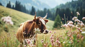 ai gerado vaca em uma pasto dentro uma montanhoso área. ai gerado. foto