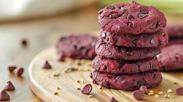 ai gerado vegetariano biscoitos com beterraba suco e chocolate salgadinhos em uma prato em uma luz madeira bancada. ai gerado. foto