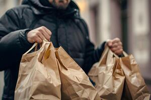 ai gerado confiável Entrega homem segurando papel bolsas, velozes e conveniente Comida Entrega conceito foto