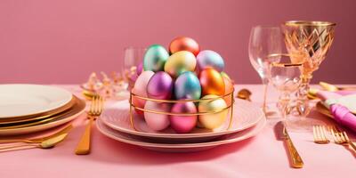 ai gerado arco Iris e ouro Páscoa ovos em mesa configuração isolar em Rosa fundo. foto