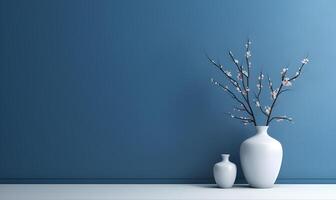 ai gerado esvaziar interior fundo quarto com azul parede e branco flor dentro vaso. foto