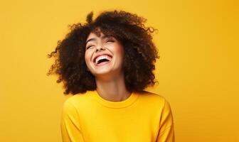 ai gerado feliz menina com perfeito rindo e sorridente isolado em amarelo fundo. foto