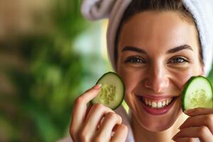 ai gerado lindo sorridente jovem mulher com pepino fatias dentro dela olhos dentro a banheiro foto