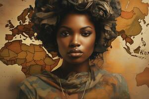 ai gerado retrato do a africano americano mulher com uma mapa do África dentro a fundo foto