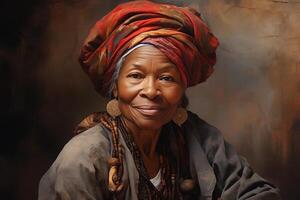 ai gerado retrato do a velho africano americano mulher dentro tradicional étnico roupas e cocar foto