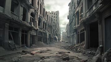 ai gerado ruas do uma destruído cidade depois de a bombardeio, militares operações foto