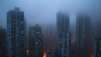 ai gerado nebuloso cidade Horizonte às noite com alta edifícios foto