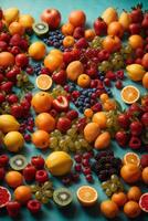 ai gerado uma colorida fruta exibição em uma mesa foto